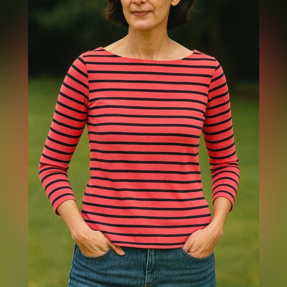 L.L. Bean Tops - L.L. Bean Women's Medium Pink & Navy Striped 3/4 Sleeve Boat Neck Blouse Preppy